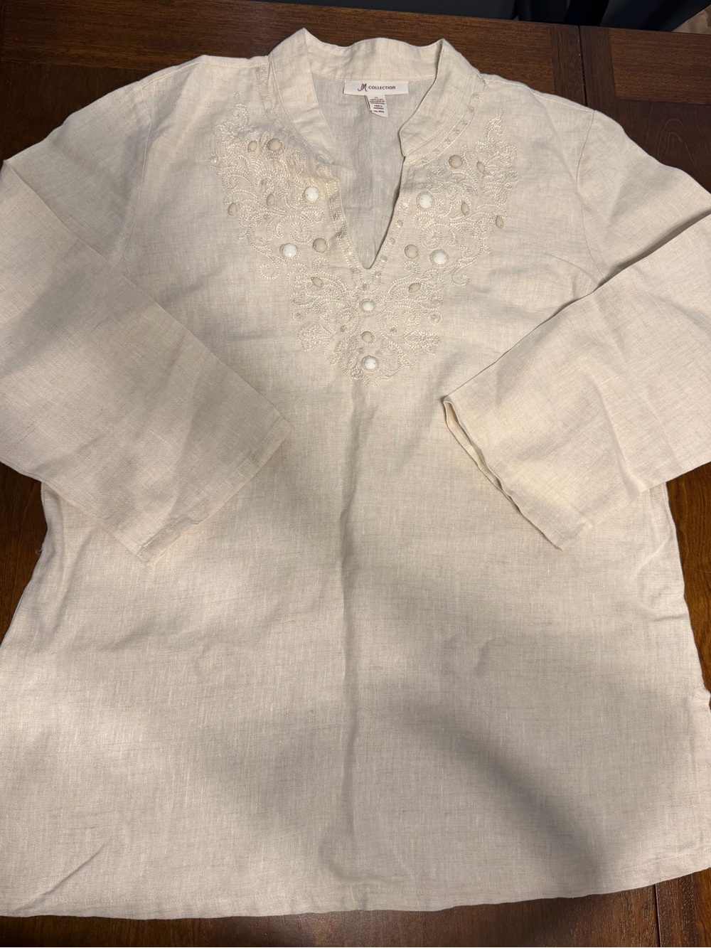 JM Collection Womens 10 100% Linen Tunic Top Ivory Embroidered Beaded Boho